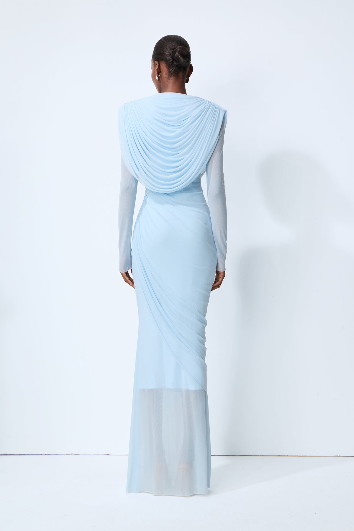 Blue mesh cowl neck long sleeve maxi dress - view 4