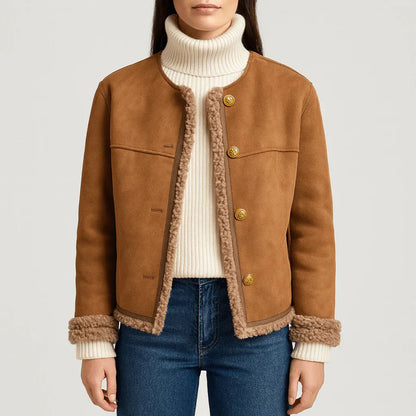 Brown cropped suede shearling collarless jacket - view 2