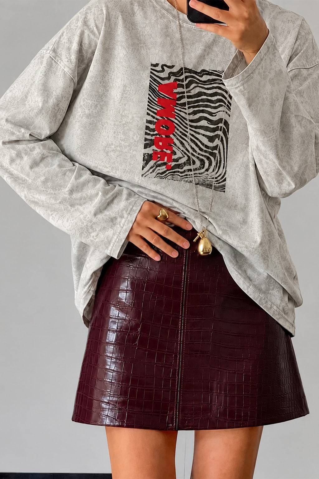 Faux Leather Mini Skirt Crocodile Grain A-Line - 5