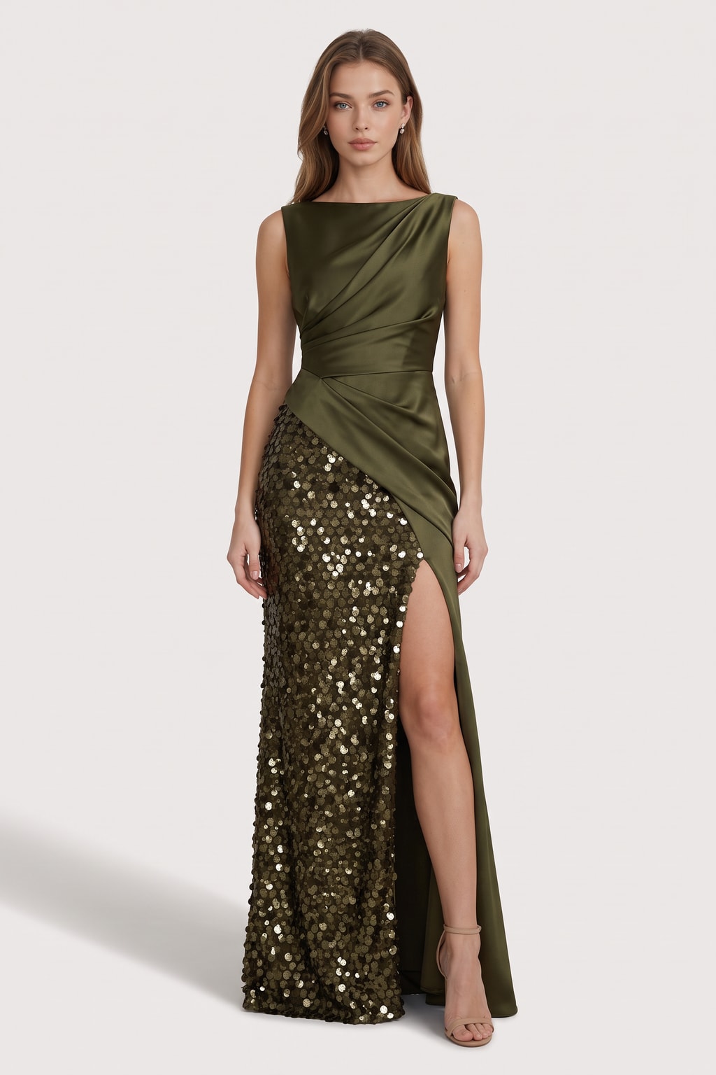 Satin Sequin Maxi Dress with Ruched Waist and Boat Neck - 3