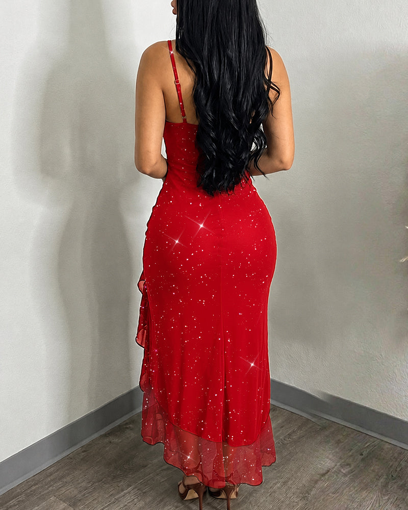 Glitter Mesh Mermaid Cami Dress with Cowl Neck - 4