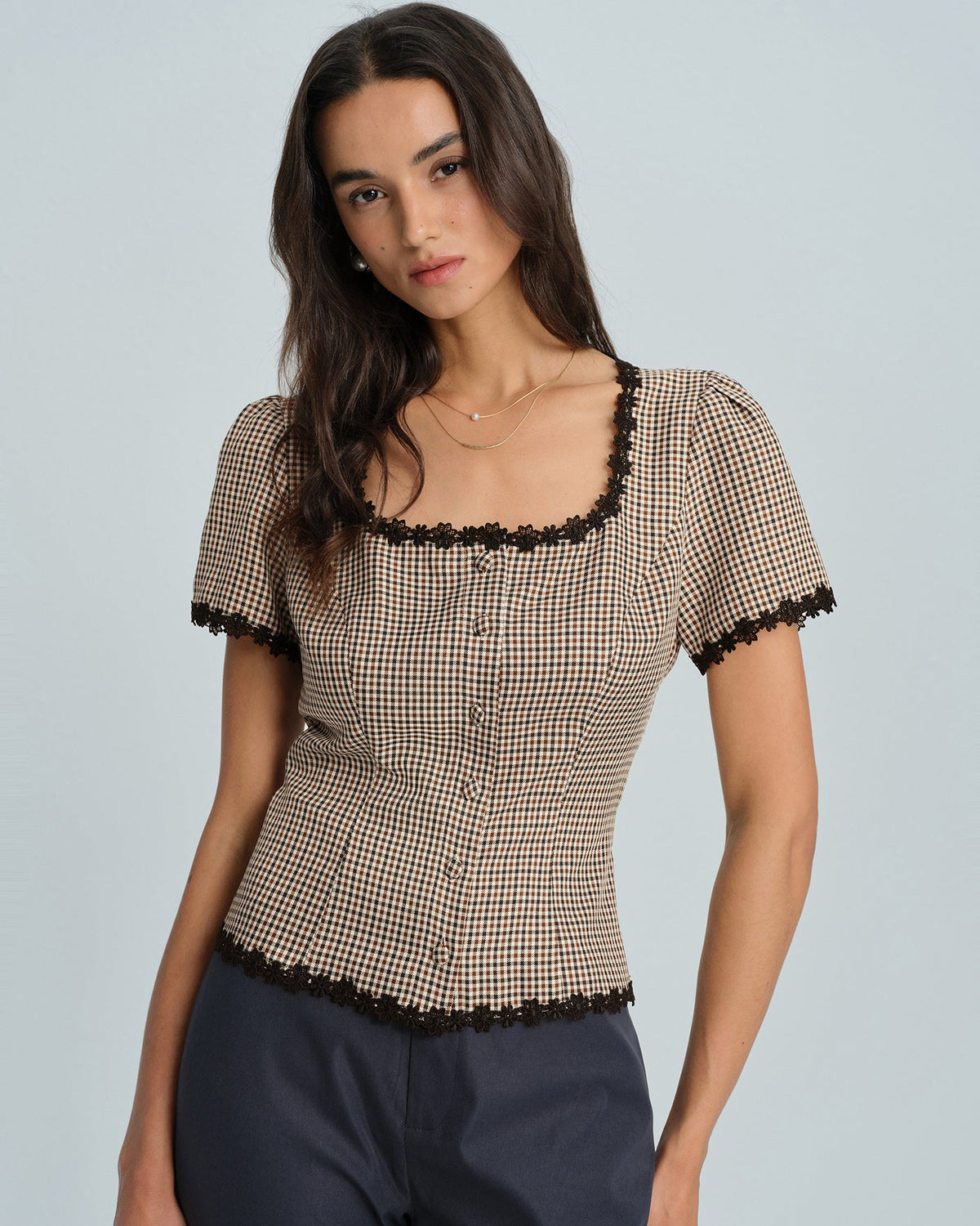 Plaid Square Neck Slim Fit Blouse - view 2