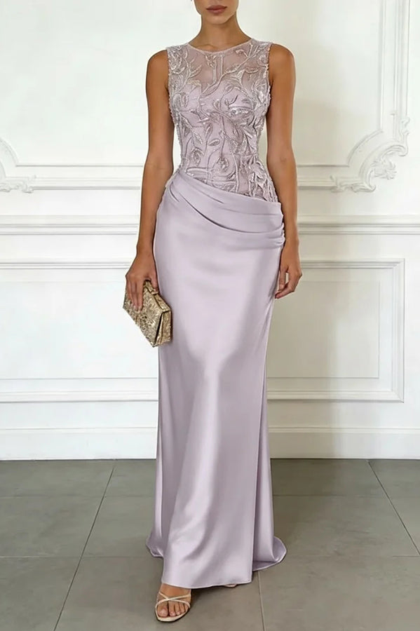 Satin maxi dress with embroidered mesh overlay - view 3
