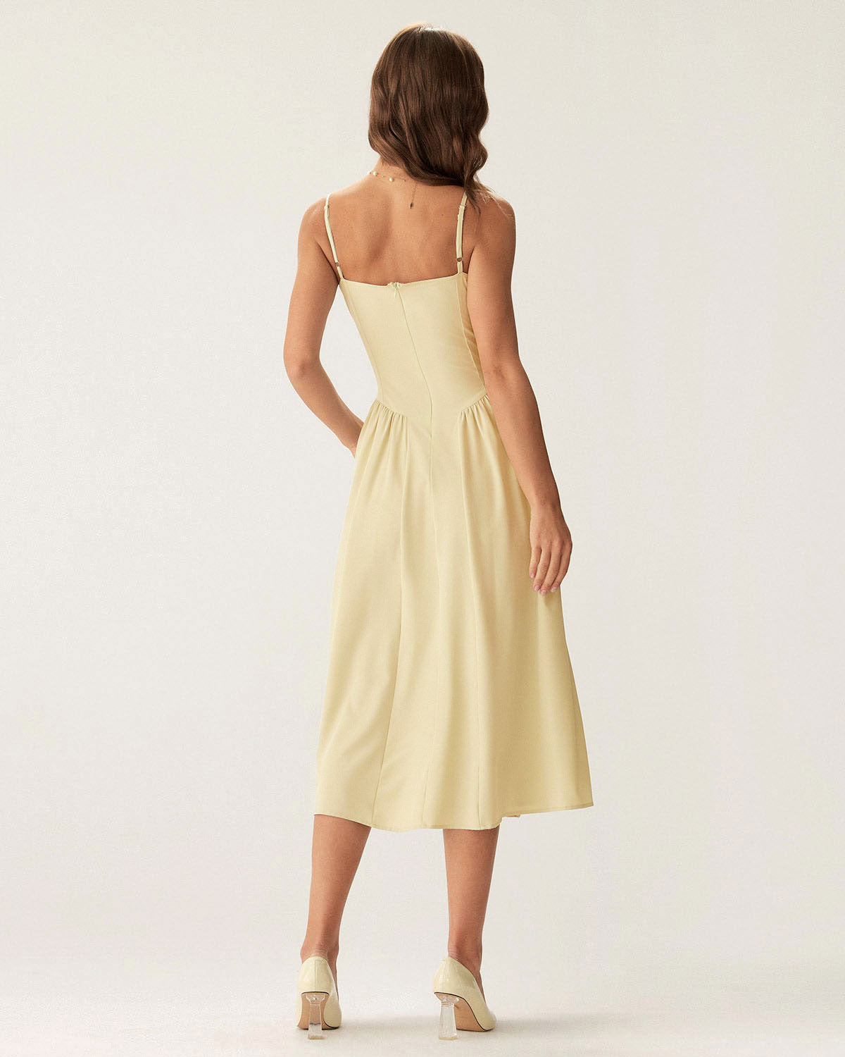 Yellow square neck midi dress with pockets - view 3