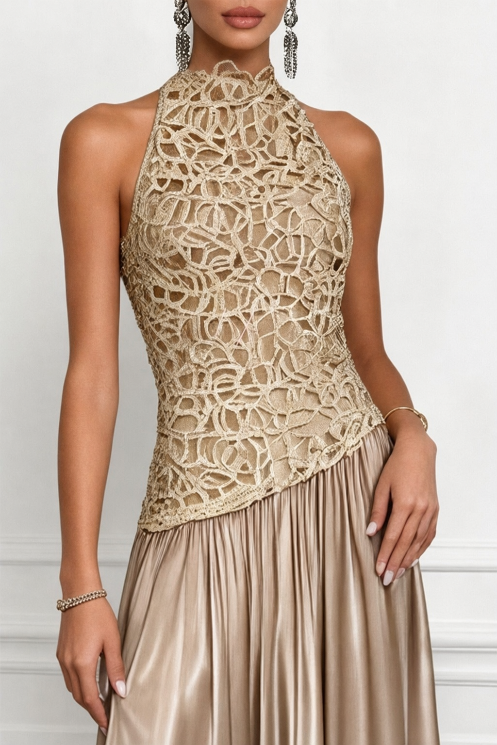 Champagne Lace Satin Crew Neck Maxi Dress - view 3