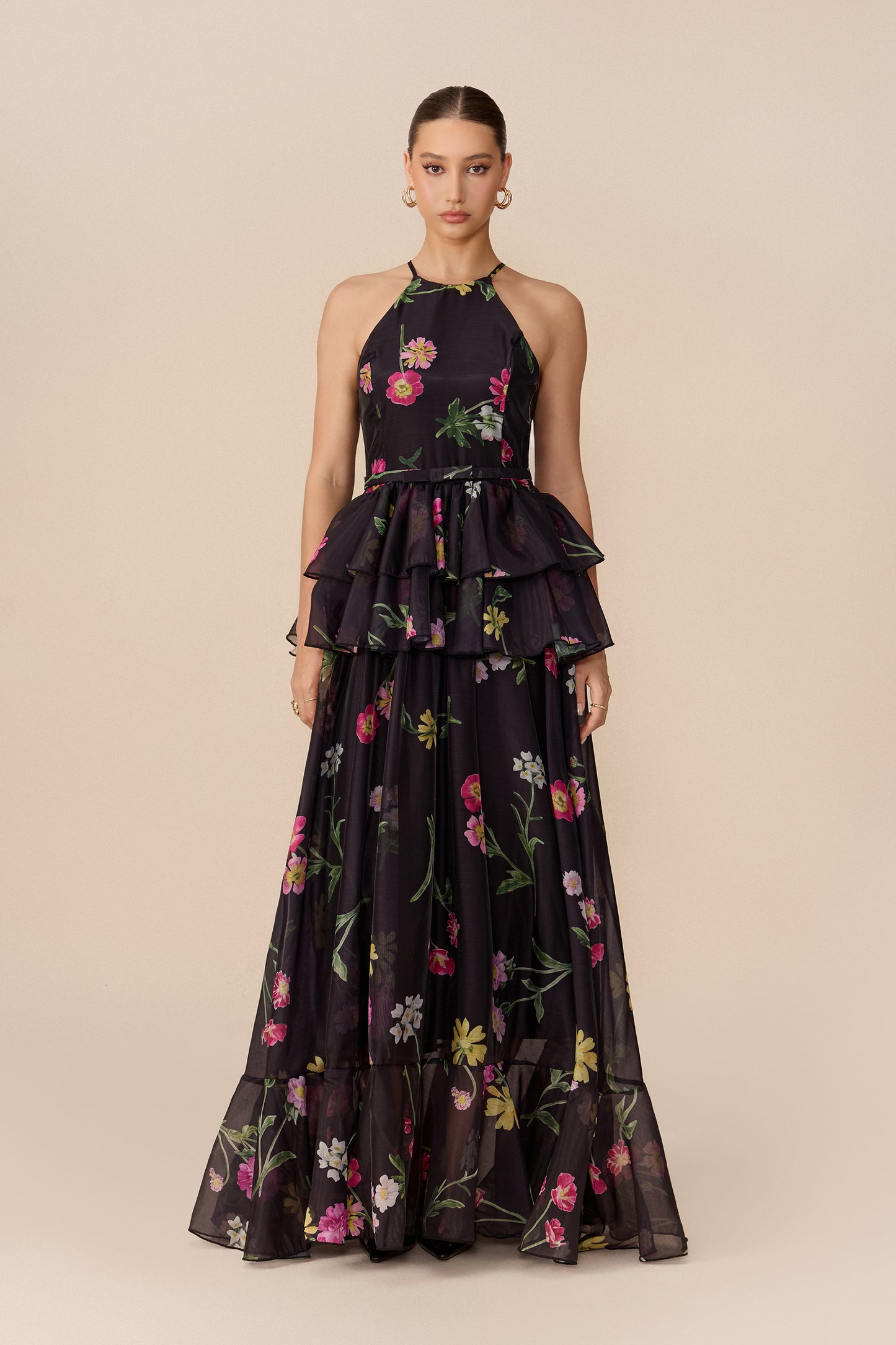 Black floral print tiered maxi dress with halter neck - view 2