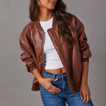 Faux Leather Bomber Jacket with Stand Collar - view 8