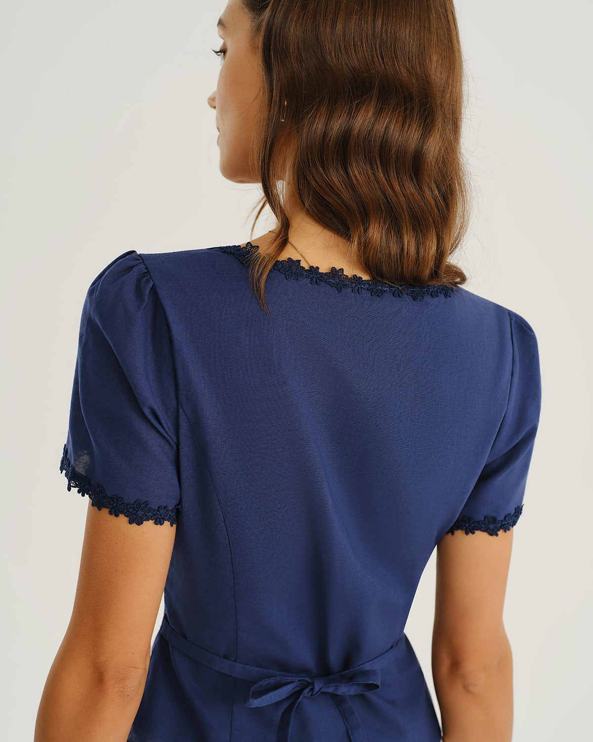 Navy square neck cotton linen button-front blouse - view 4