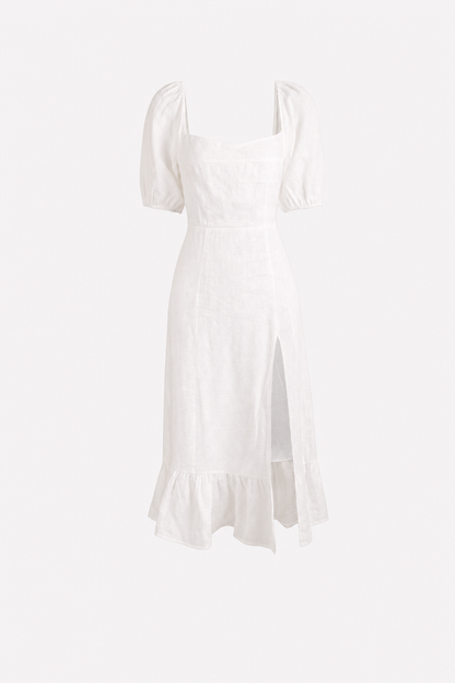 Puff Sleeve Split Hem Cotton Linen Midi Dress