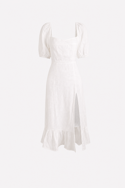Puff Sleeve Split Hem Cotton Linen Midi Dress
