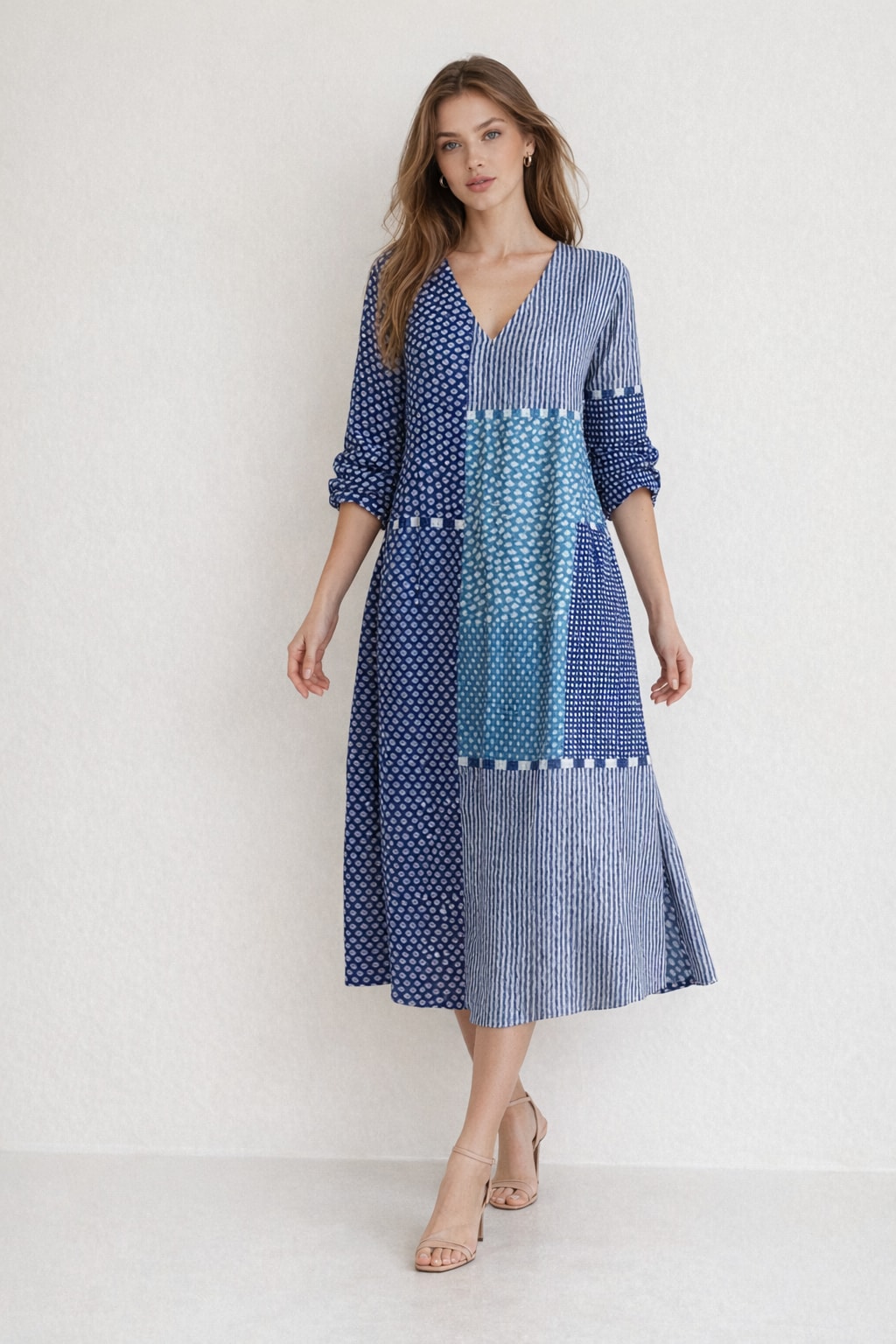 Cotton Midi Dress with Relaxed Patchwork Style - 4