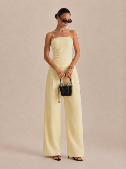Light yellow ruched halter and wide-leg pants set - view 3