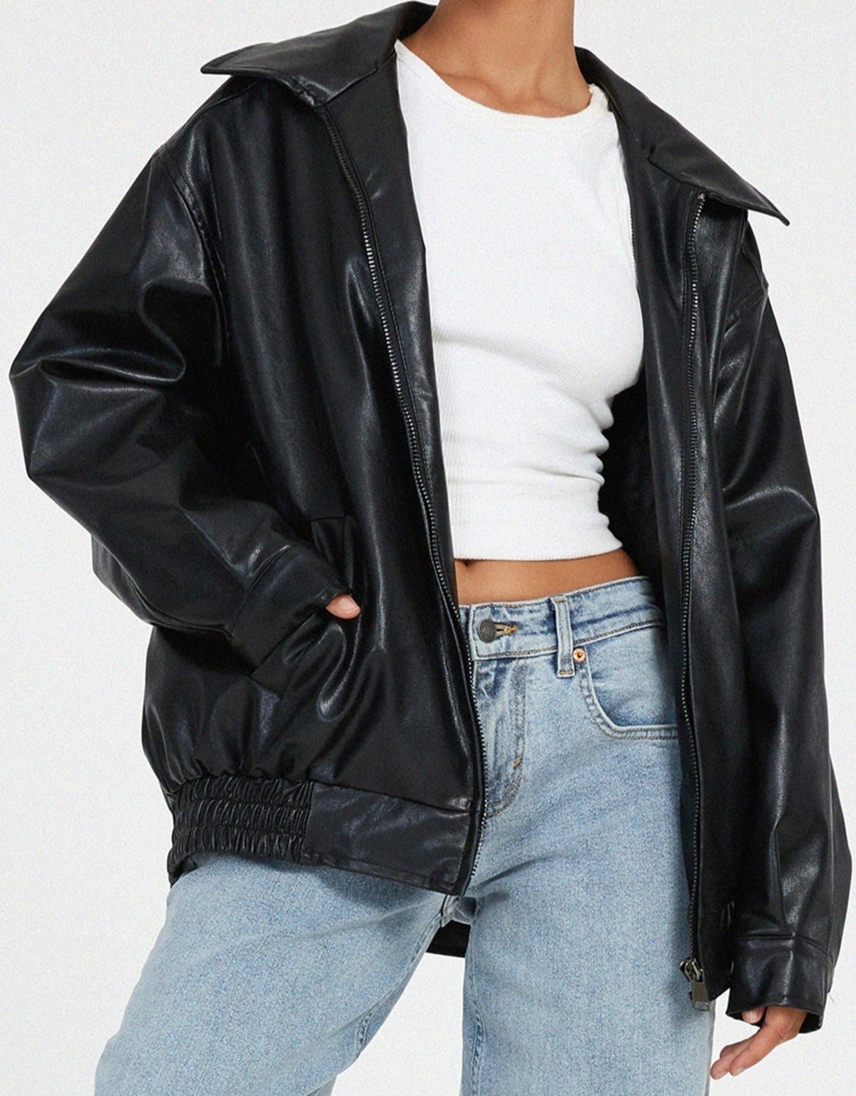 Oversized Collared Faux Leather Jacket - view 7