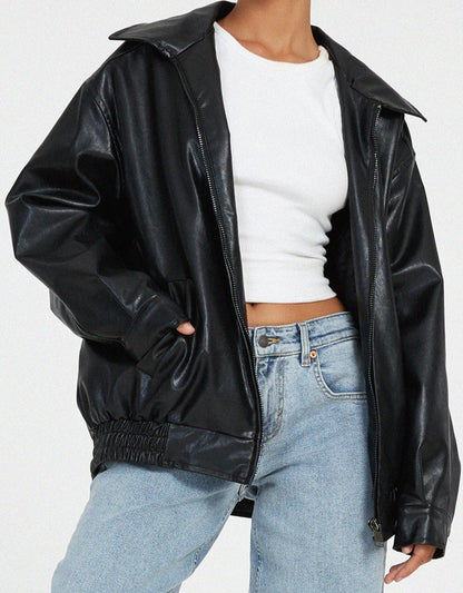 Oversized Collared Faux Leather Jacket - view 7