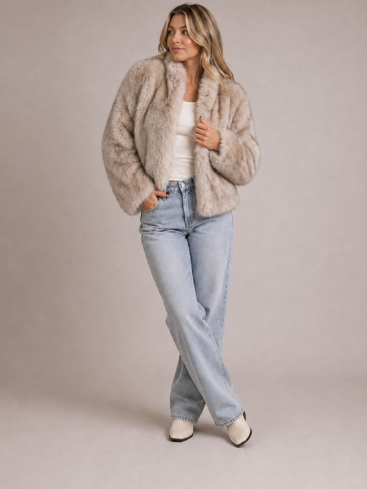 Faux Fur Jacket for Women Cropped Relaxed Fit Winter Coat - 2