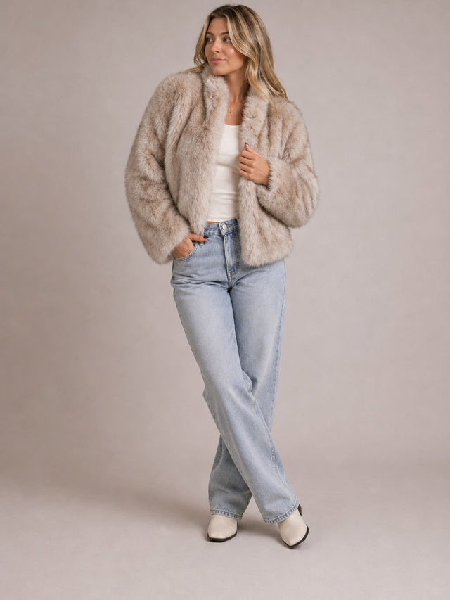 Faux Fur Jacket for Women Cropped Relaxed Fit Winter Coat - 2
