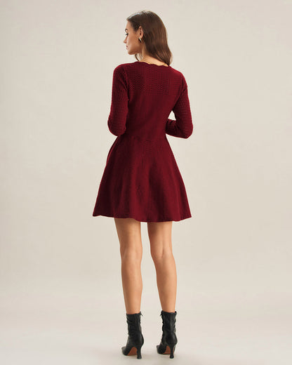 Wine red A-line sweater dress with tie waist - view 5