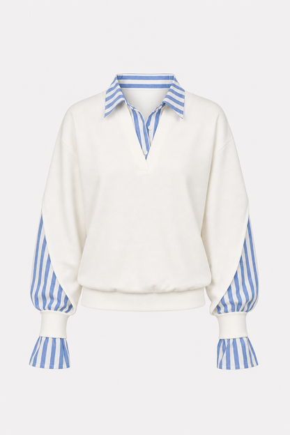 Cotton Striped Patchwork Sweatshirt with Collar