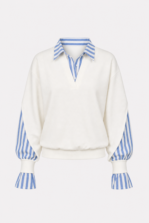 Cotton Striped Patchwork Sweatshirt with Collar