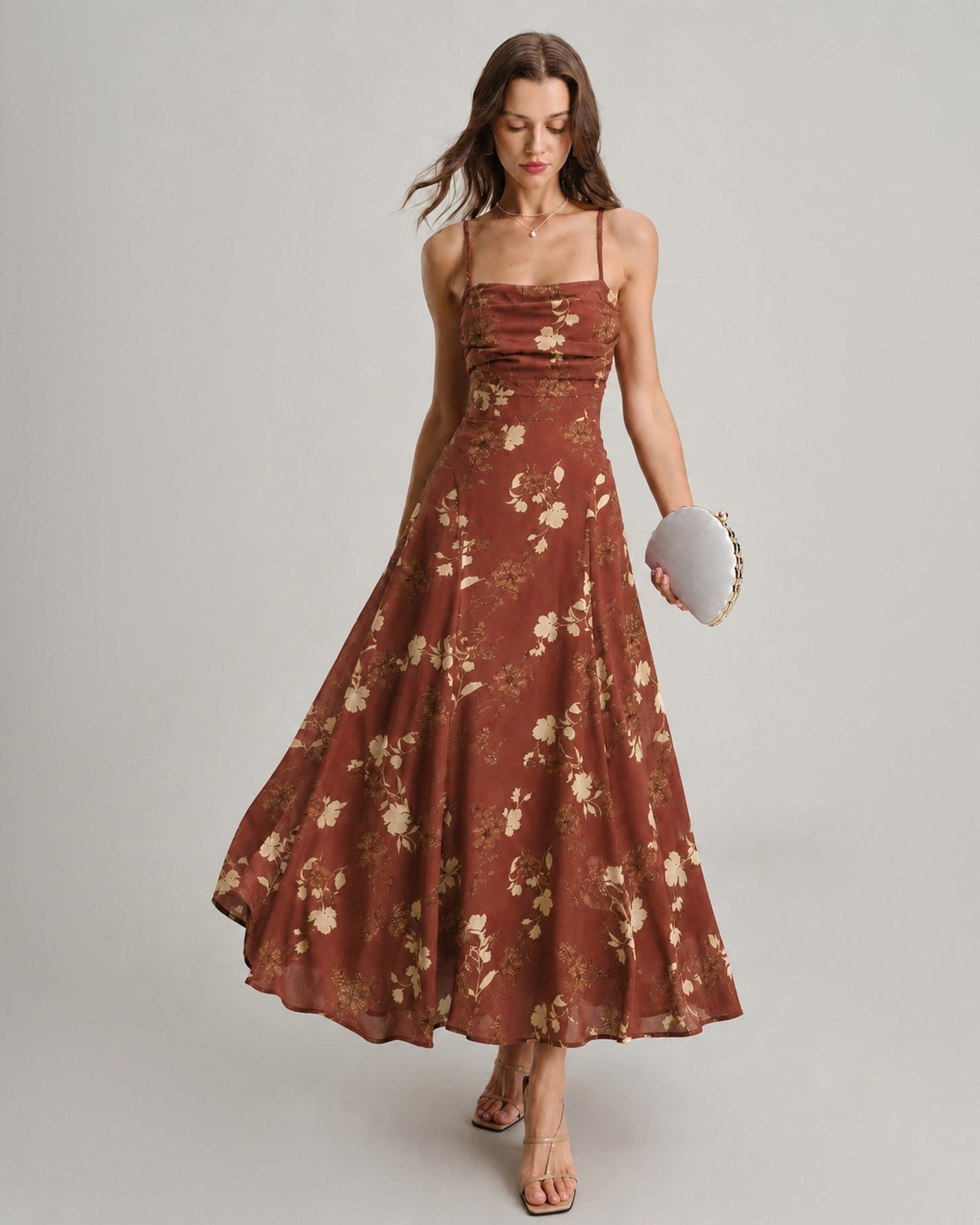 Red floral chiffon maxi dress with square neckline - view 2