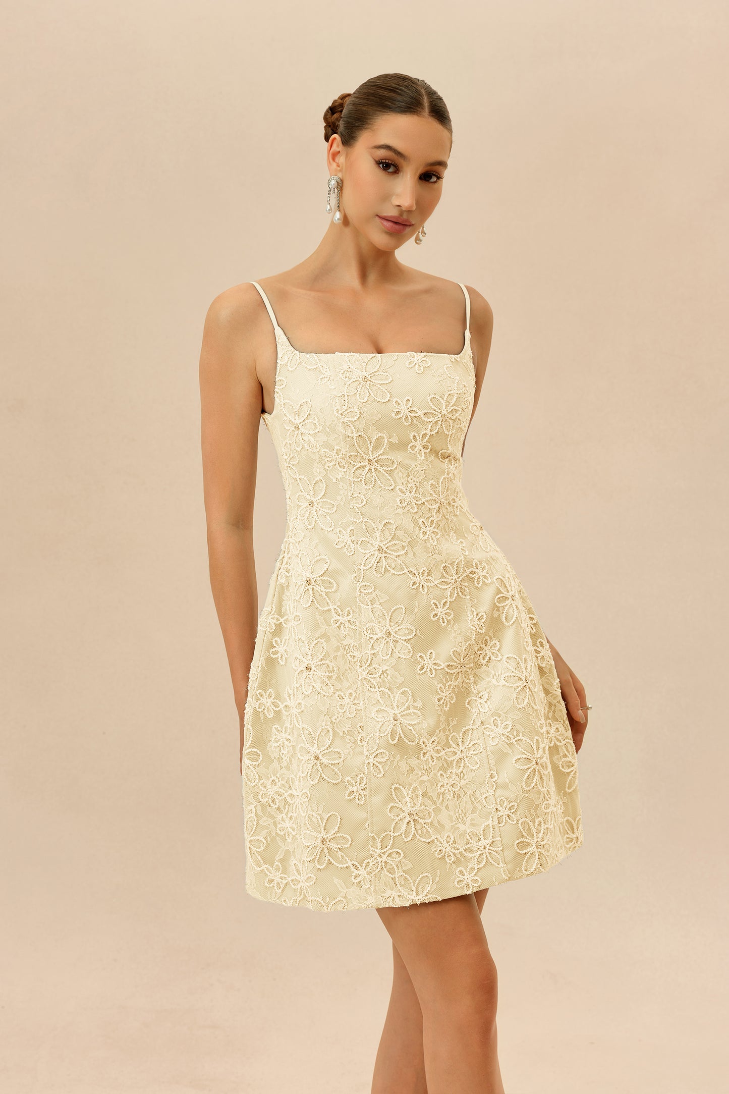 Apricot Floral Lace Mini Dress, Spaghetti Straps - view 3