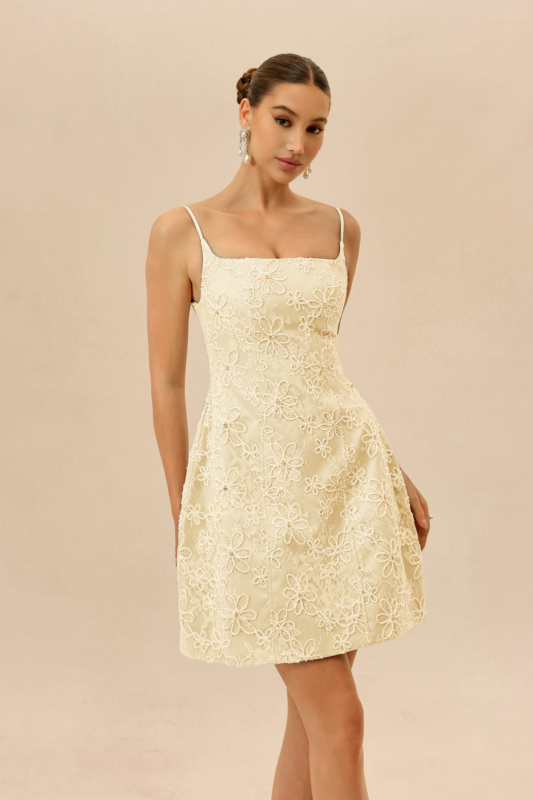 Apricot Floral Lace Mini Dress, Spaghetti Straps - view 3