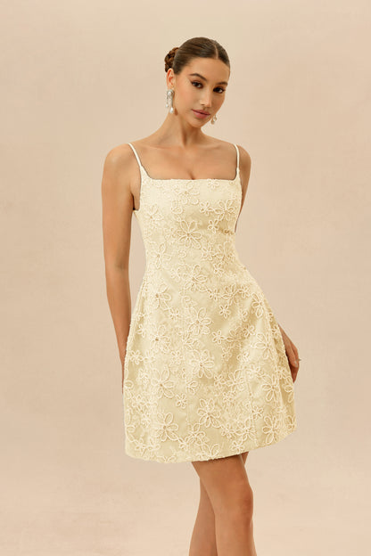 Apricot Floral Lace Mini Dress, Spaghetti Straps - view 3