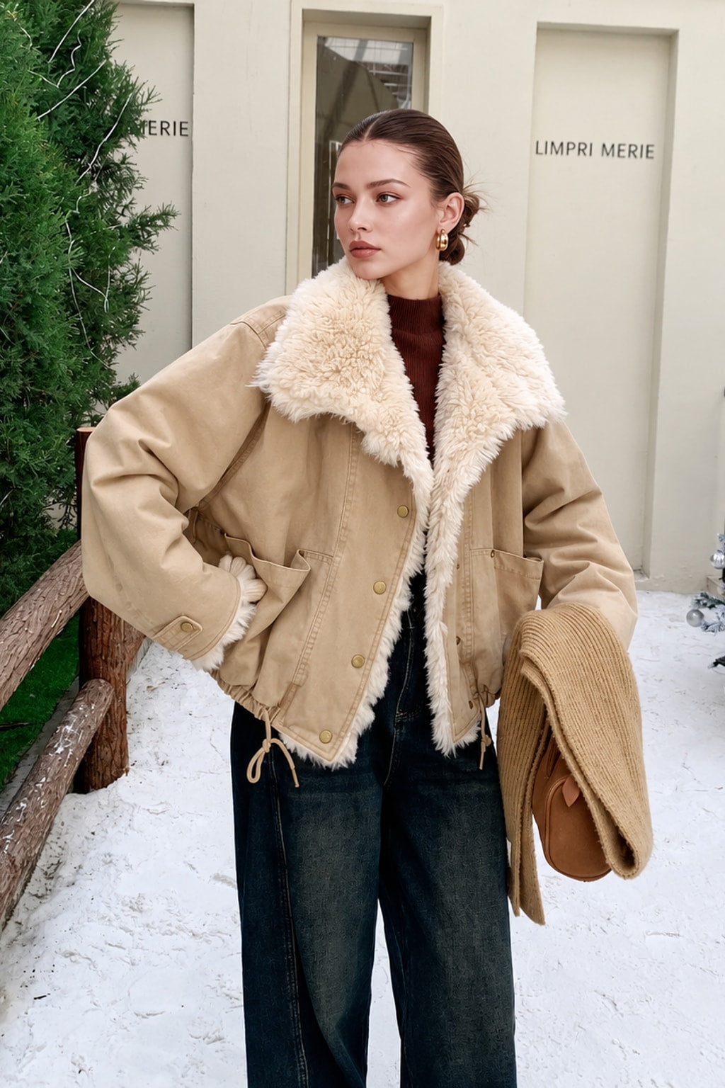 Polyester Jacket Cropped Fur Collar - 3