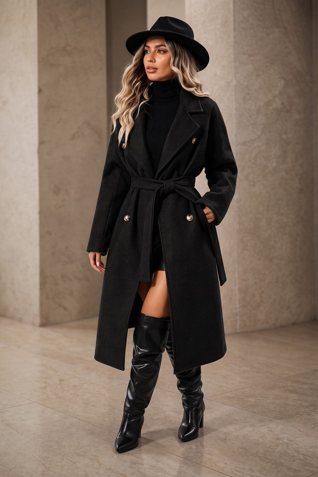 Wool-Look Belted Double-Breasted Long Coat - 8