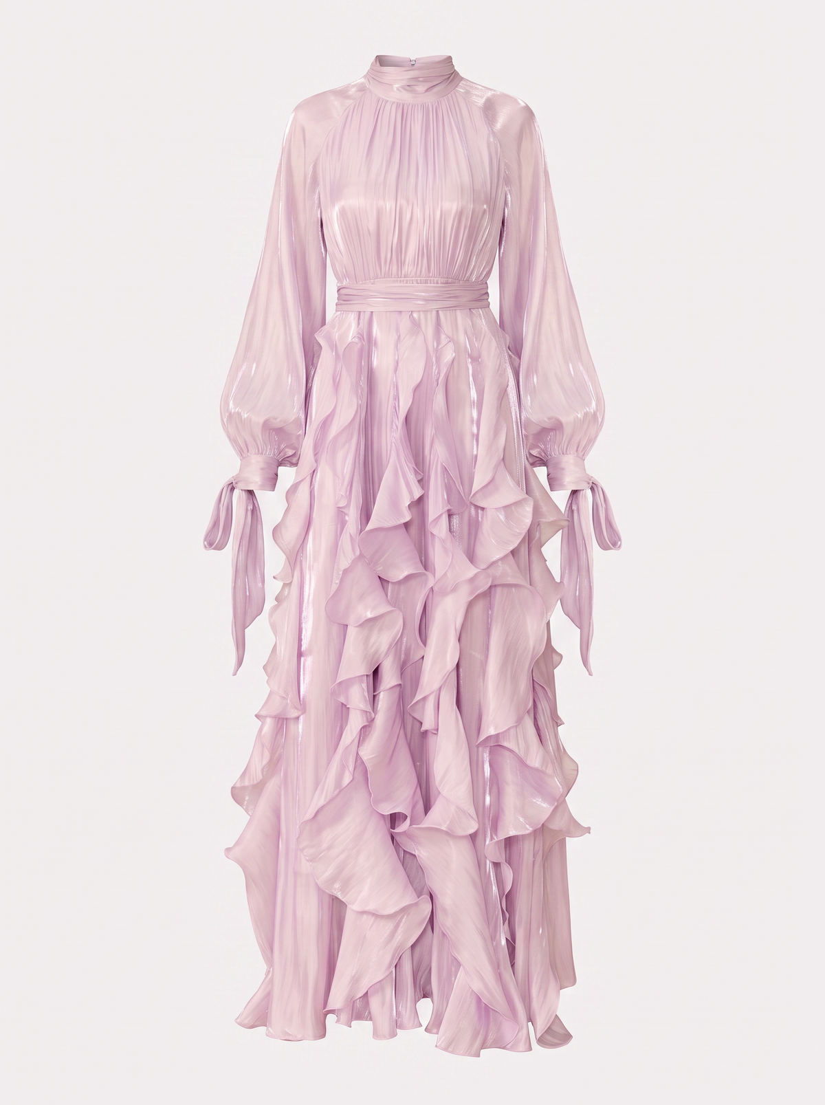 Purple puff sleeve maxi dress with ruffle trim