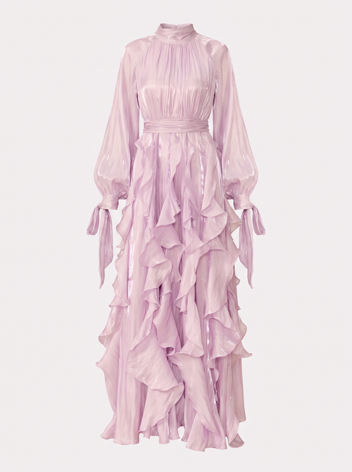 Purple puff sleeve maxi dress with ruffle trim