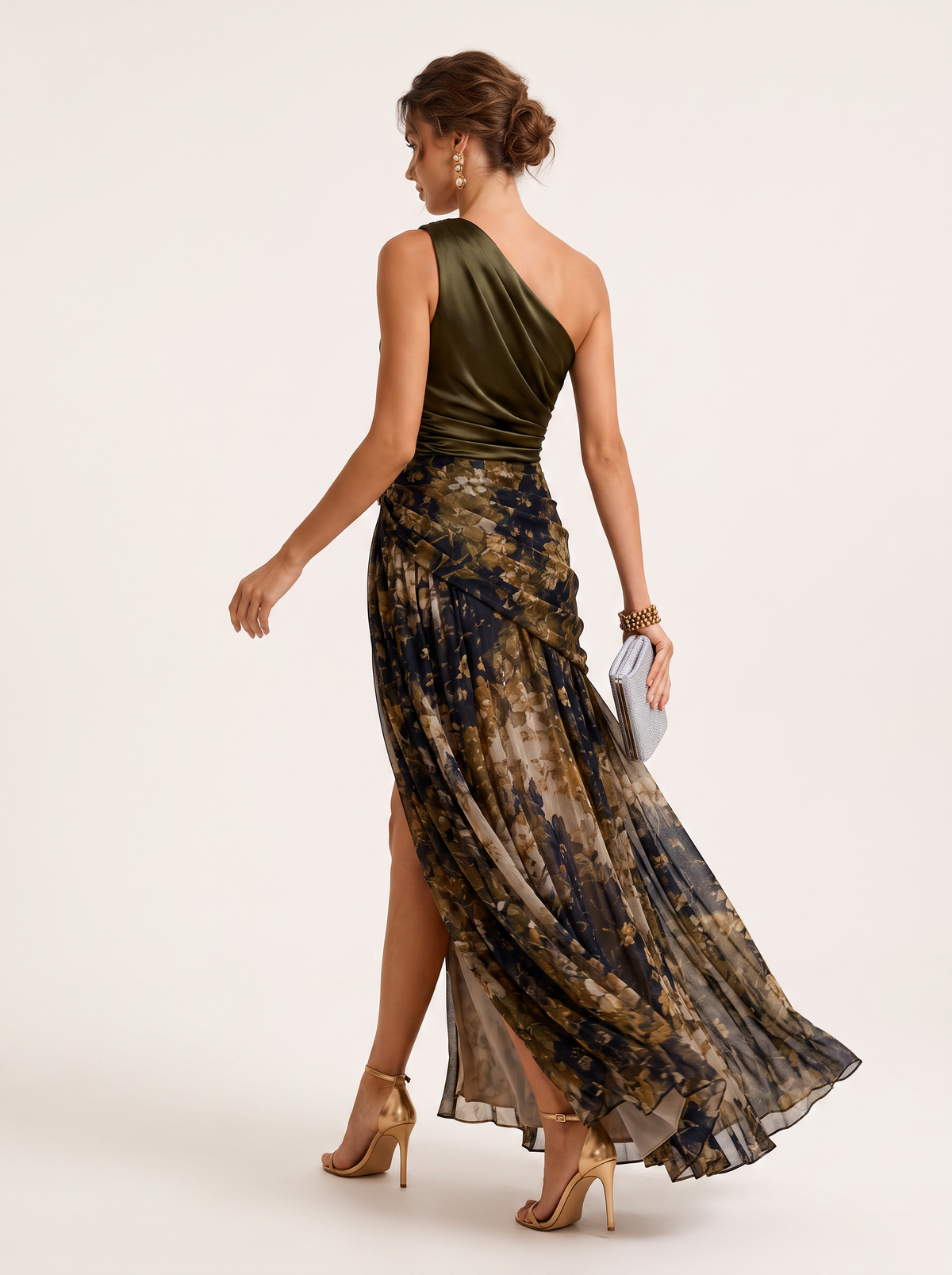 Satin one-shoulder maxi dress with floral tulle hem - view 2