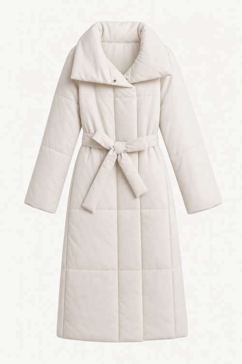 Quilted Cotton Blend Long Belted Coat