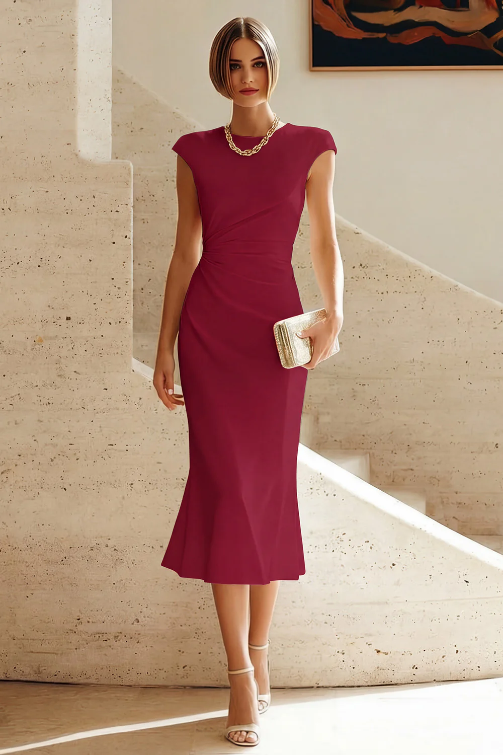 Satin ruched midi dress with cap sleeves - view 10