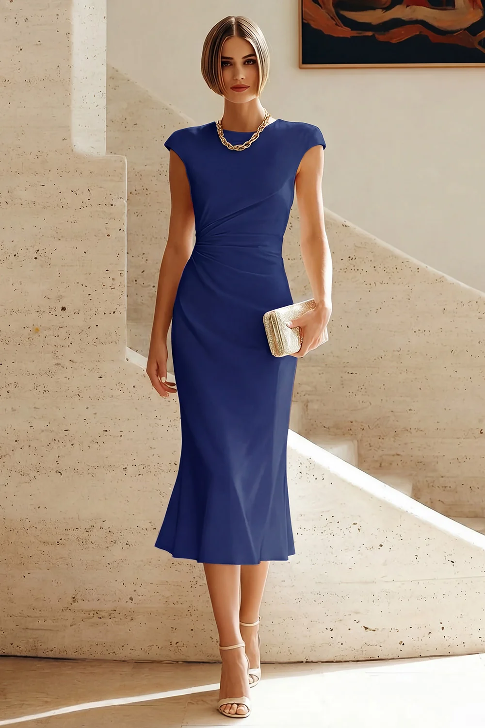 Satin ruched midi dress with cap sleeves - view 12