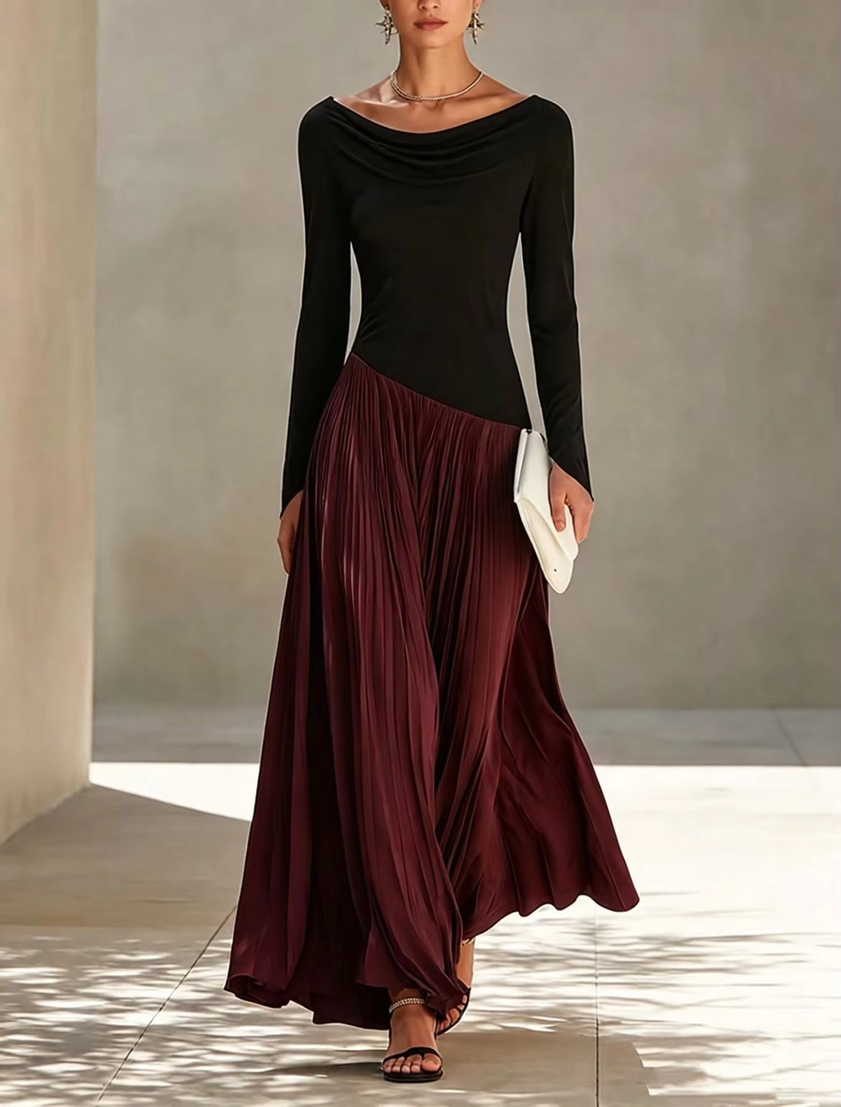 Stretch Fabric Maxi Dress With Draped Neckline - 7