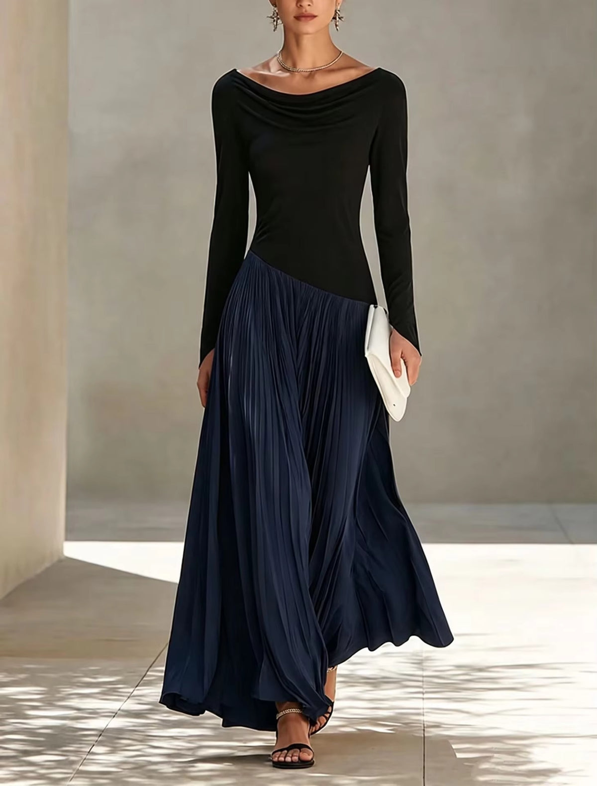 Stretch Fabric Maxi Dress With Draped Neckline - 8