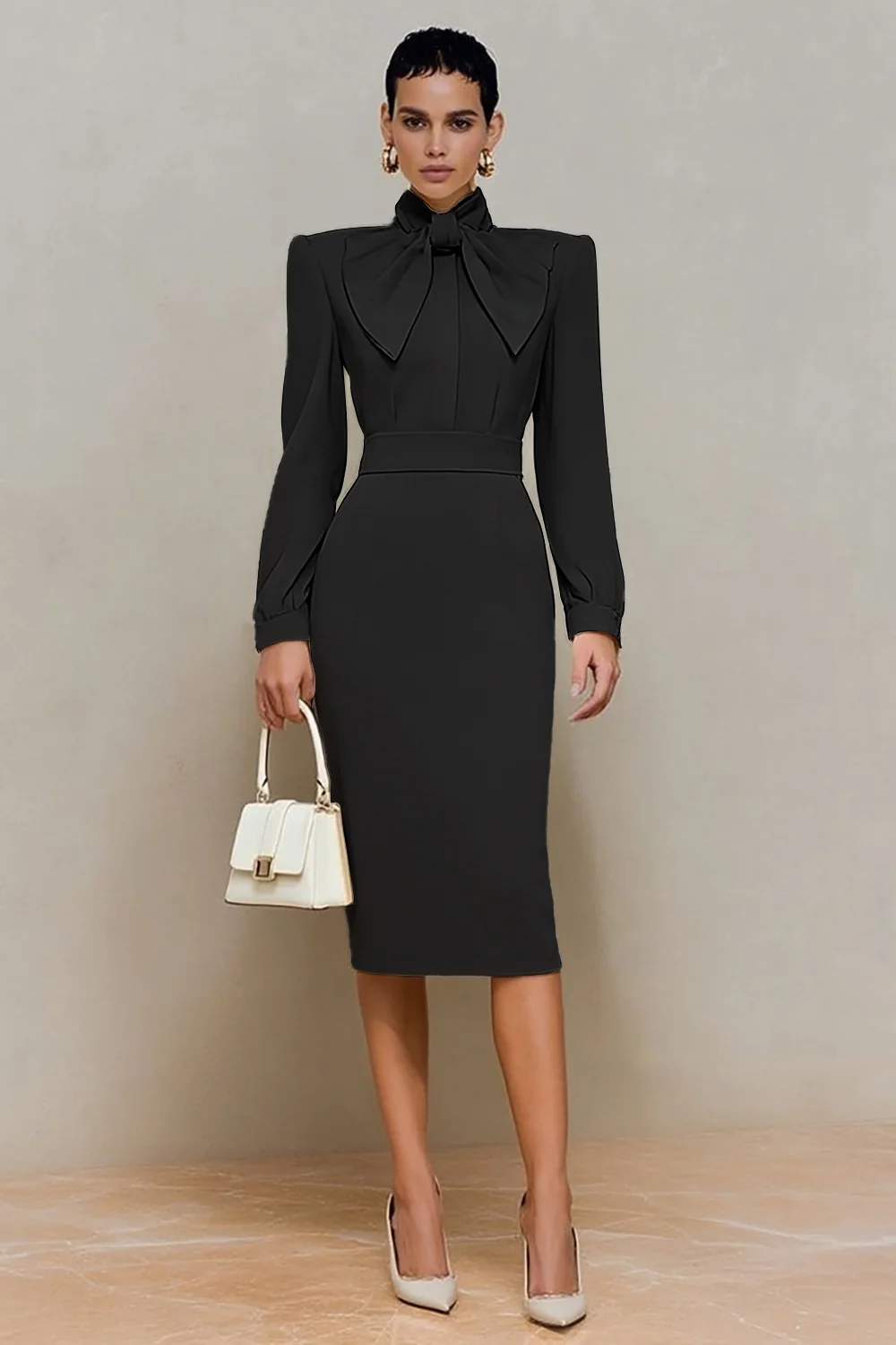 Satin pencil work dress with high-neck bow - view 11