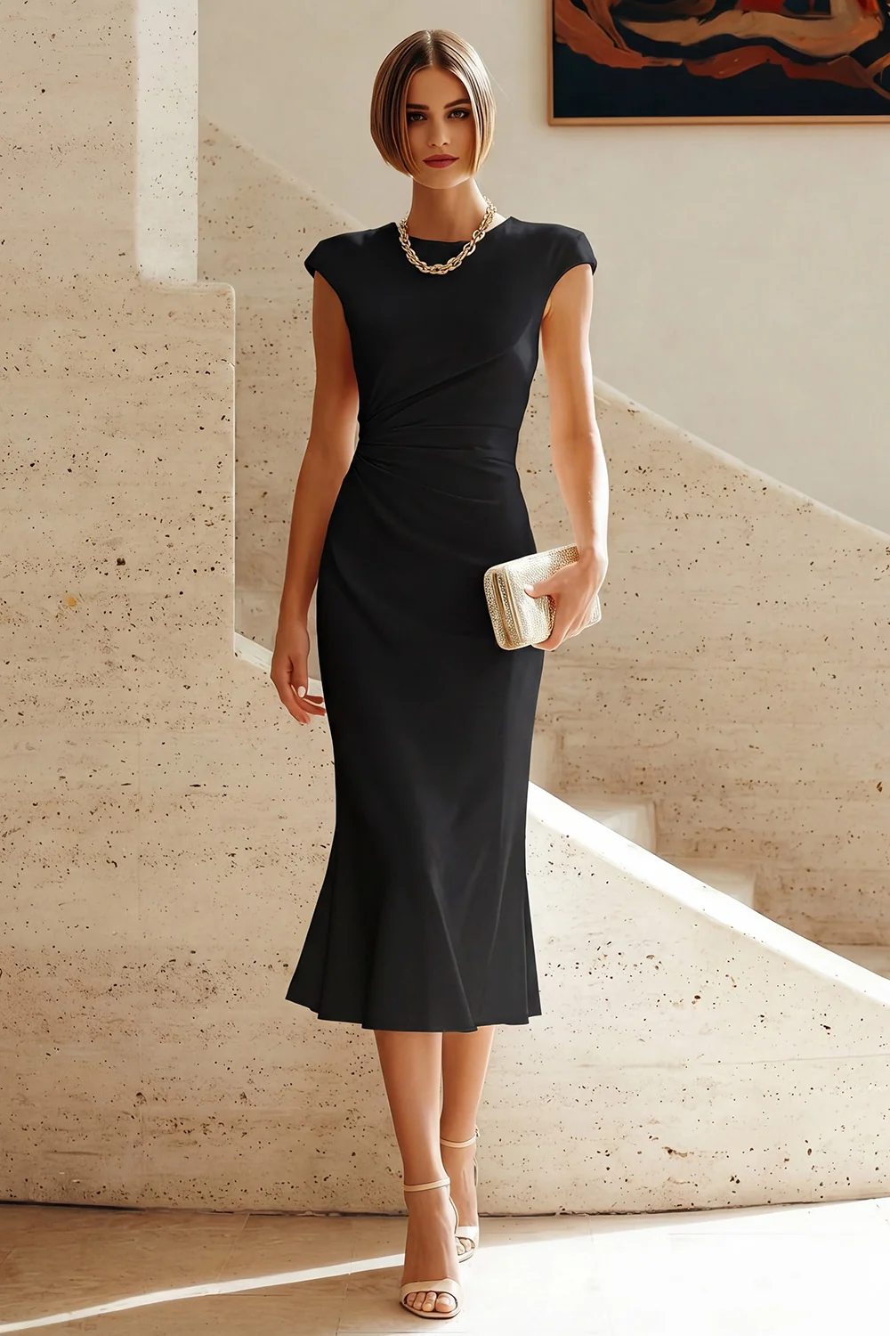Satin ruched midi dress with cap sleeves - view 11