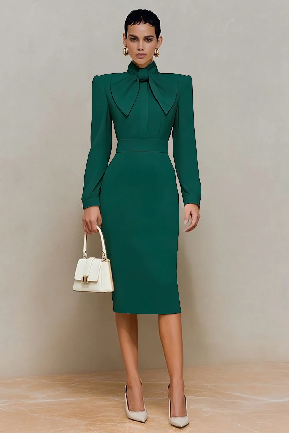 Satin pencil work dress with high-neck bow - view 12