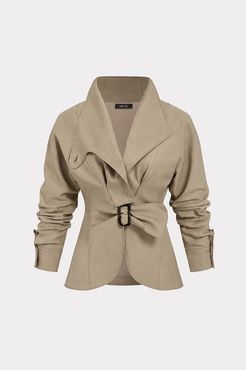 Khaki Twill Blazer with Ruched Buckle Waist - 1