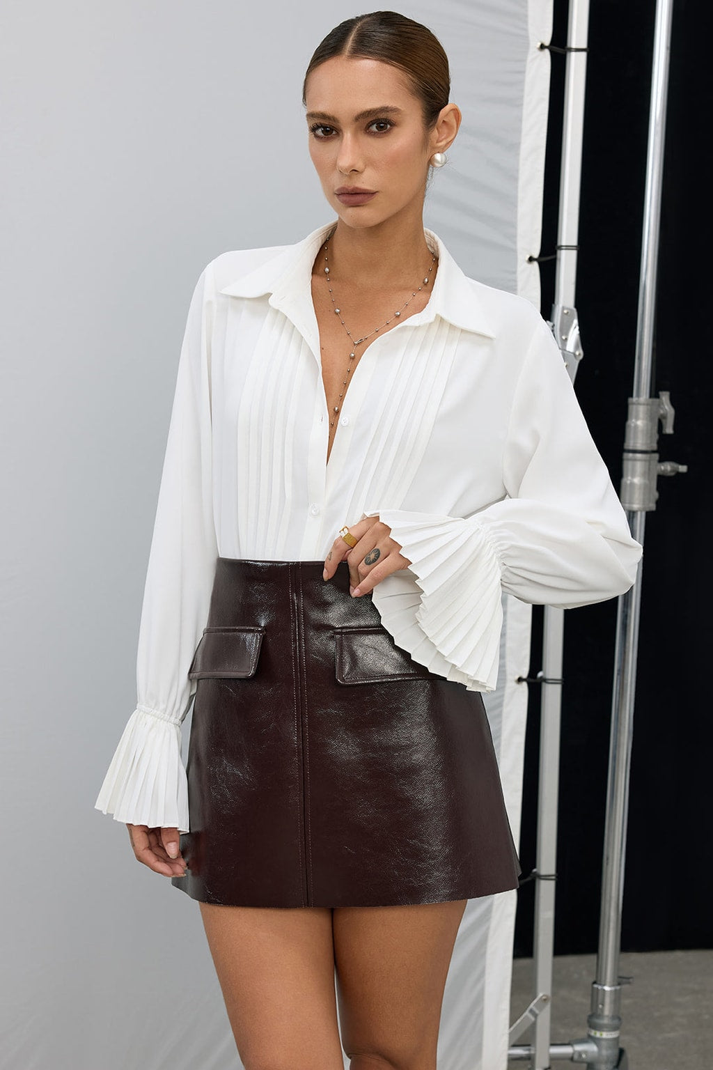 Polyester Pleated Bell Sleeve Shirt - 1