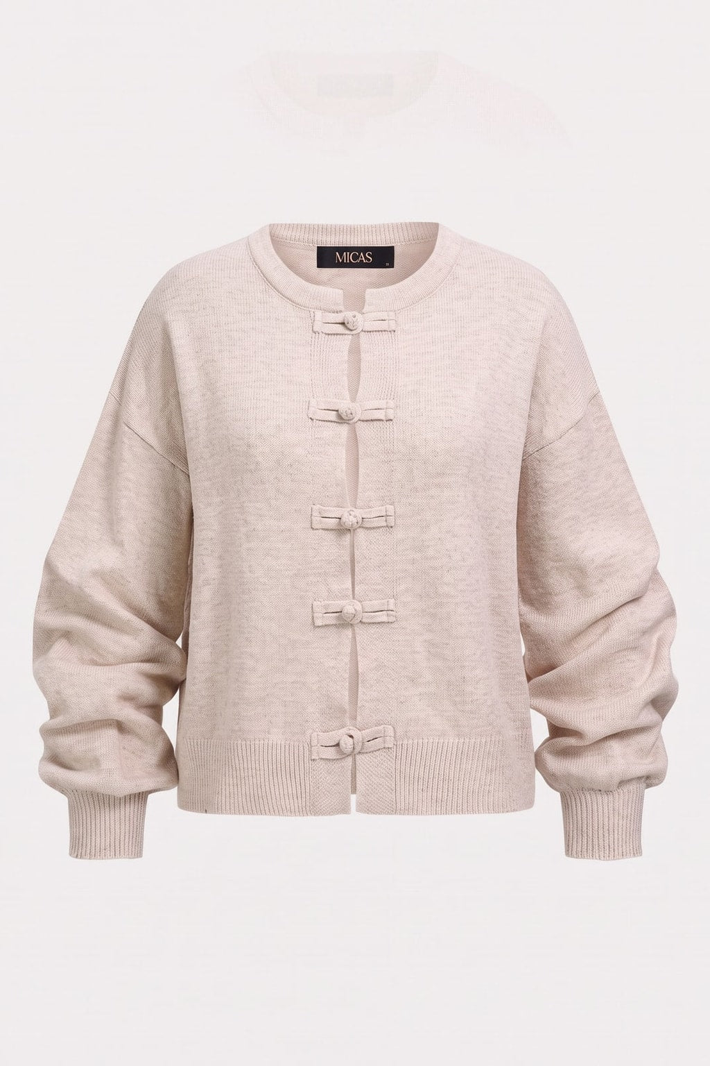 Beige Knit Round-Neck Frogging Cardigan - 1