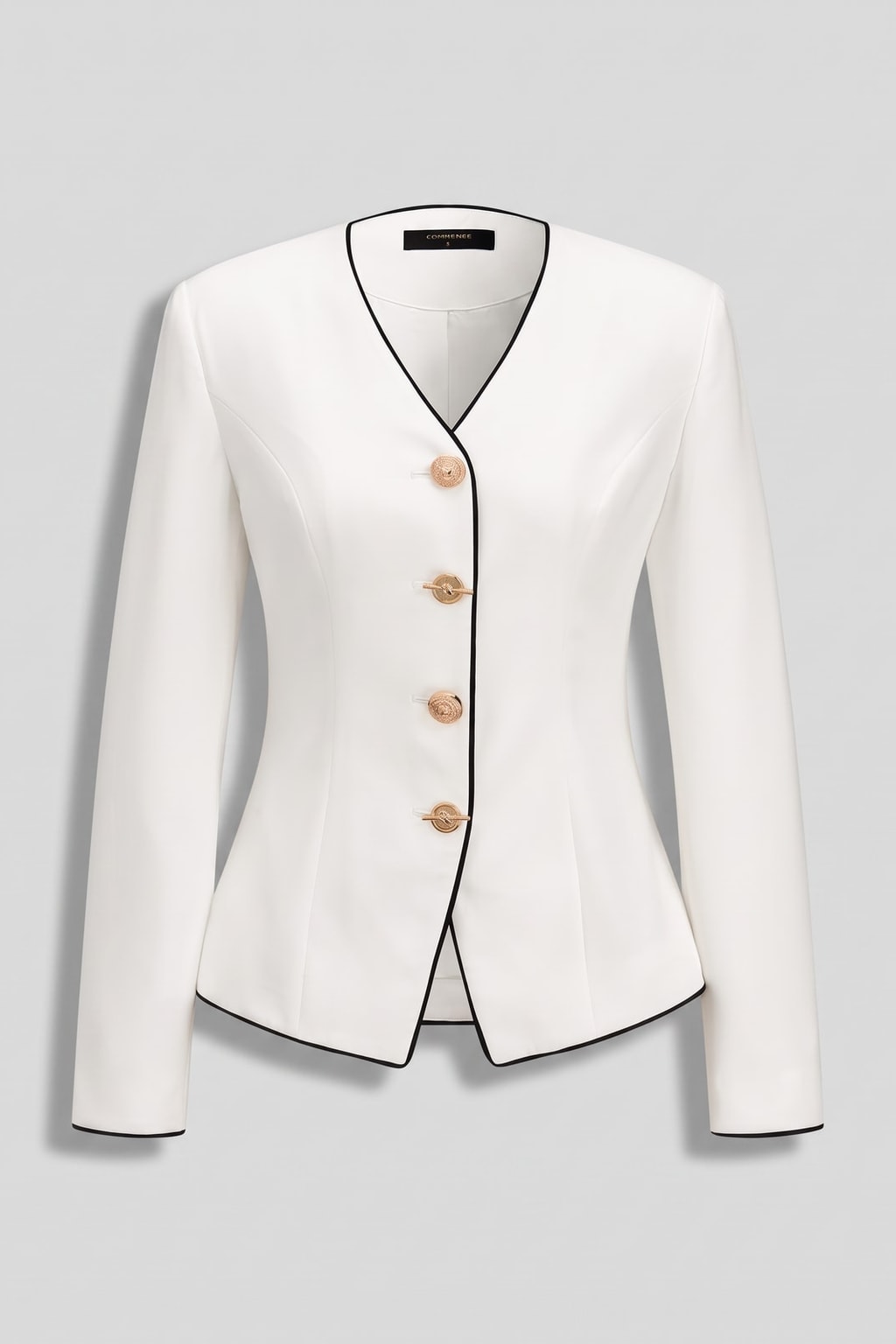 Off-White Woven Fitted Blazer with Contrast V-Neck Trim - 1