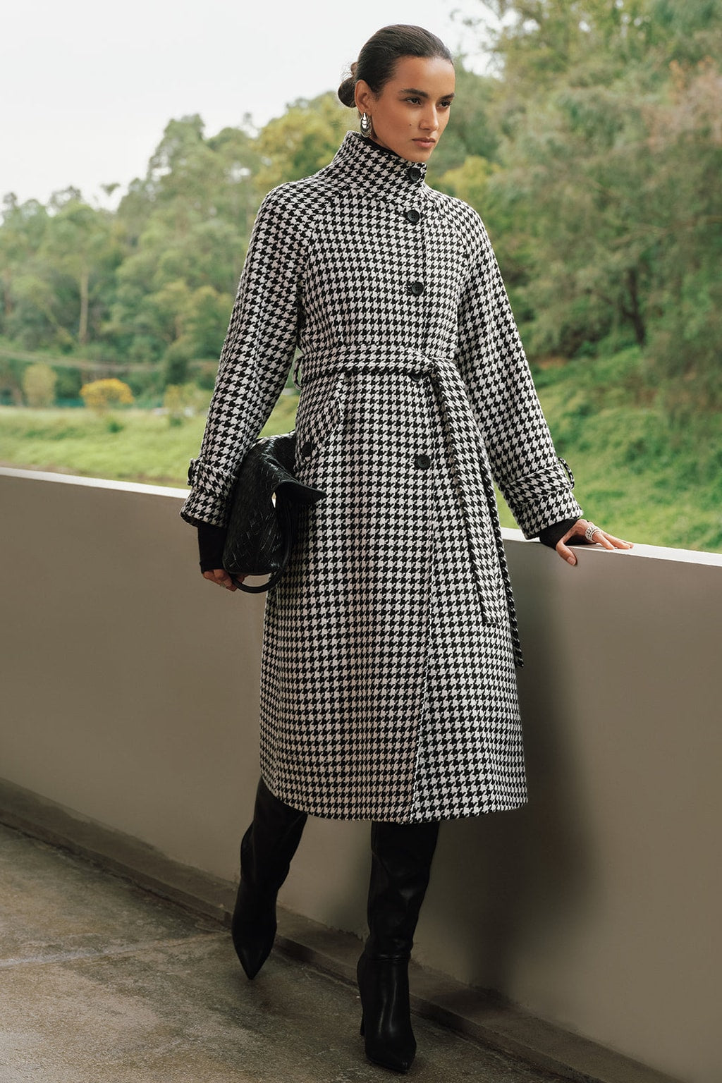 Tweed Houndstooth Belted Long Trench Coat - 1