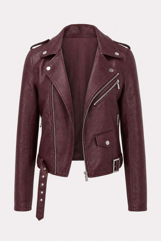 Timeless Leather Jacket With Stand Collar And Belt - 1