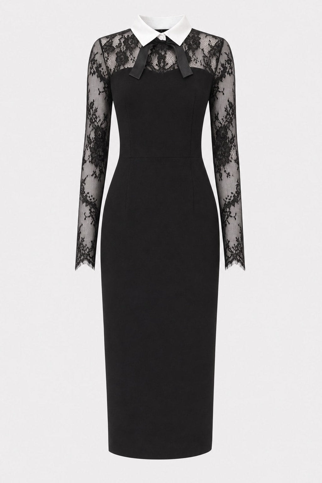Lace Long Sleeve Midi Dress with Bow Collar - 1