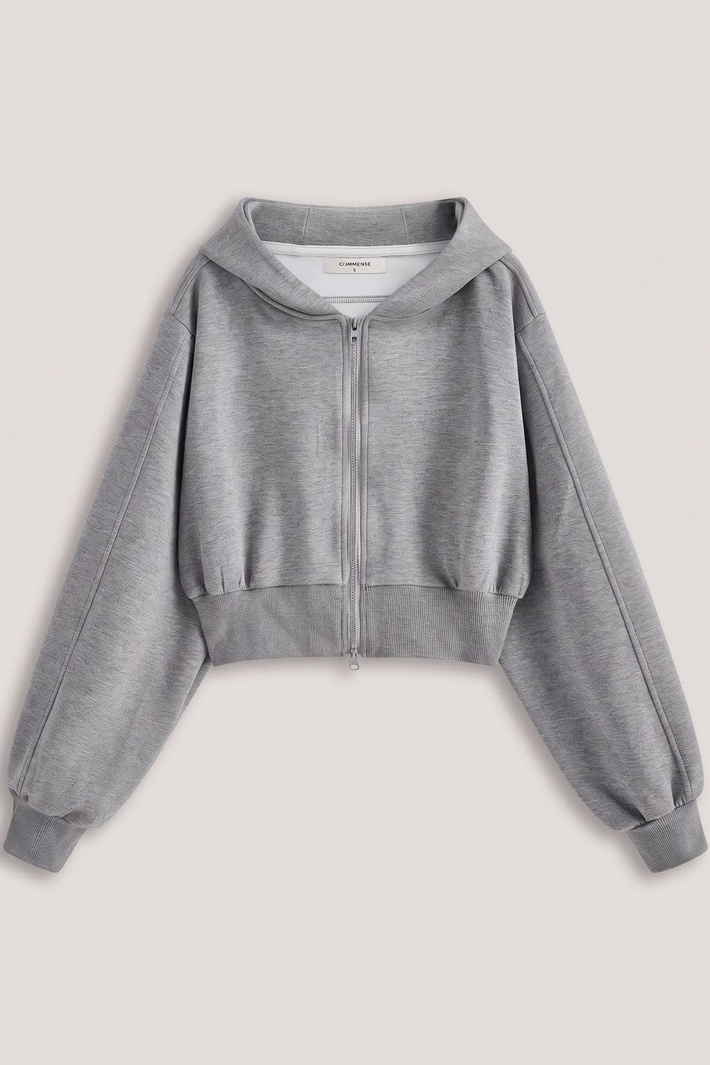 Grey Fleece Zip-Up Crop Hoodie with Long Sleeves - 1