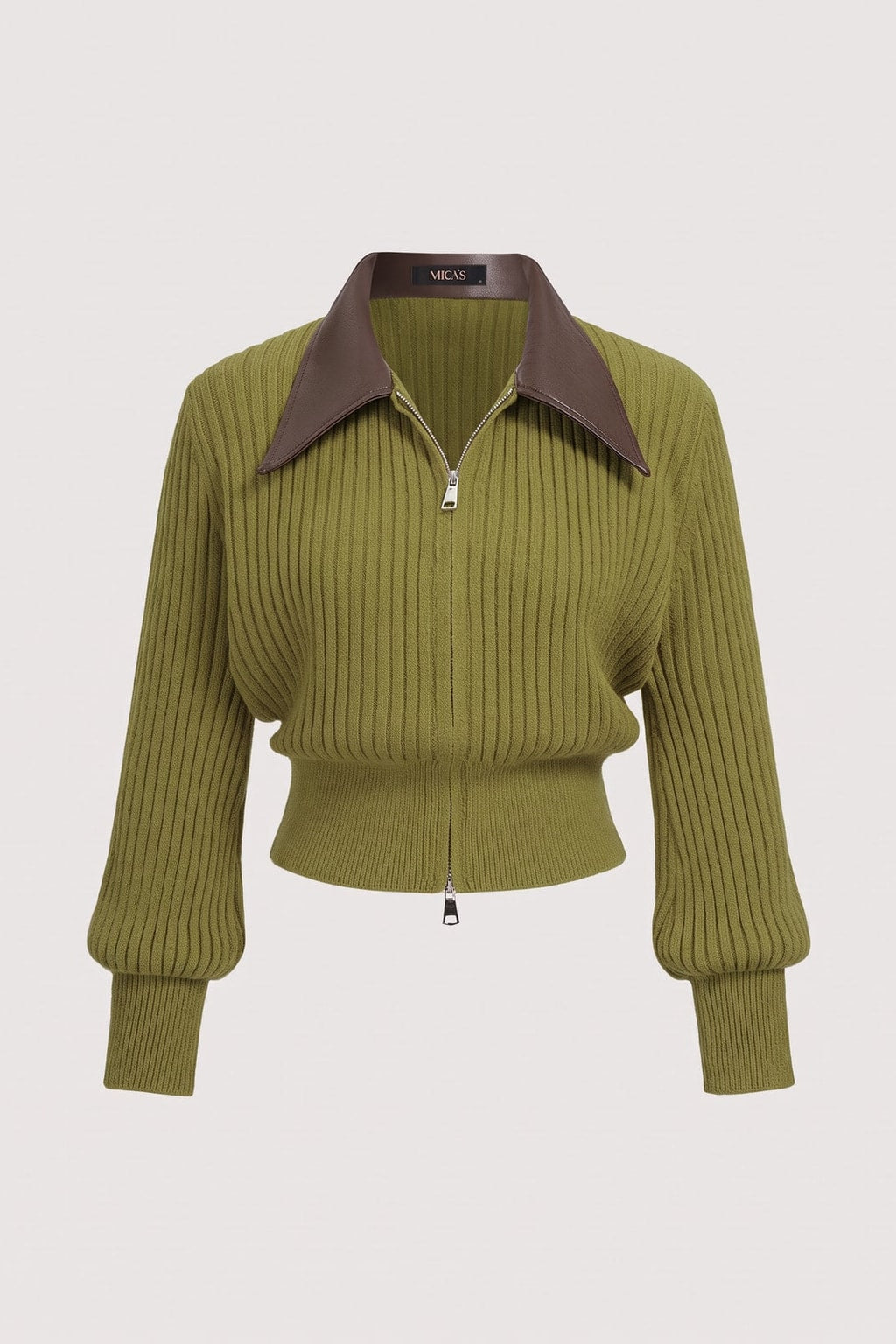 Faux Leather Patchwork Knit Zip Cardigan - 1