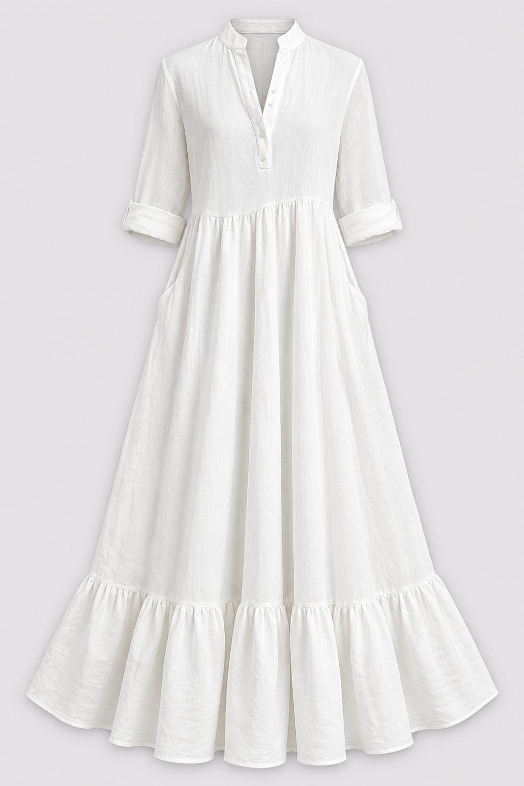 Cotton Linen Maxi Dress with Ruffled Sleeves
